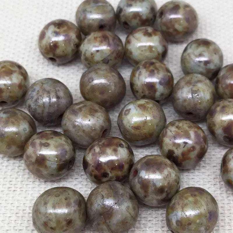 25 Brown Picasso Czech Round Glass Beads - Sea Beads