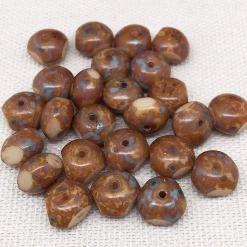 25 Cream Brown Picasso Quadrie Rondelle Glass Beads - Sea Beads