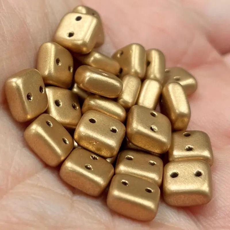 25 Gold Light Two Hole Chexx Czech Square Glass Beads - Sea Beads