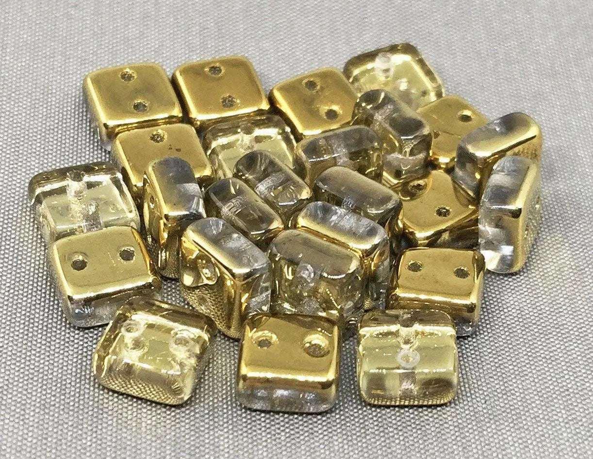 25 Gold Two Hole Czech Chexx Square Glass Beads - Sea Beads