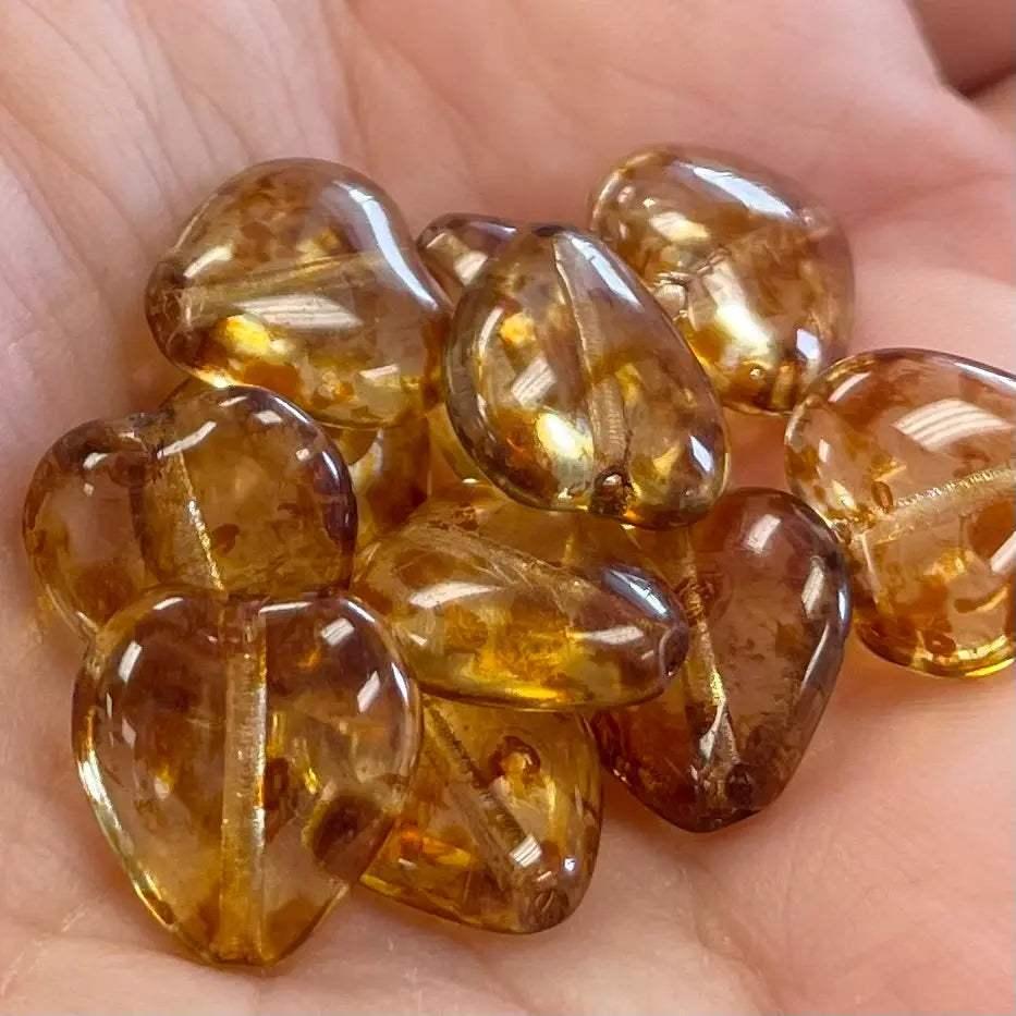 25 Golden Picasso Heart Czech Glass Beads - Sea Beads