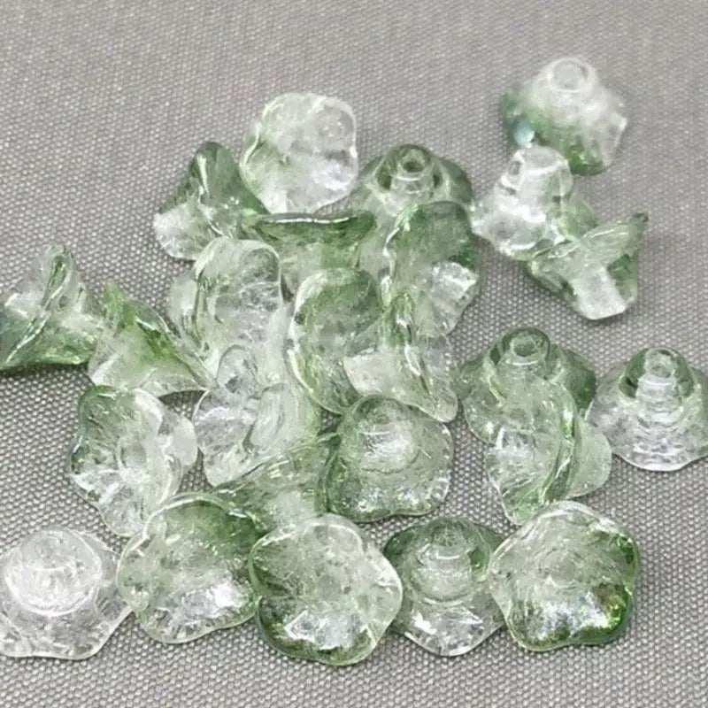 25 Green Czech Bell Flower Glass Beads - Sea Beads