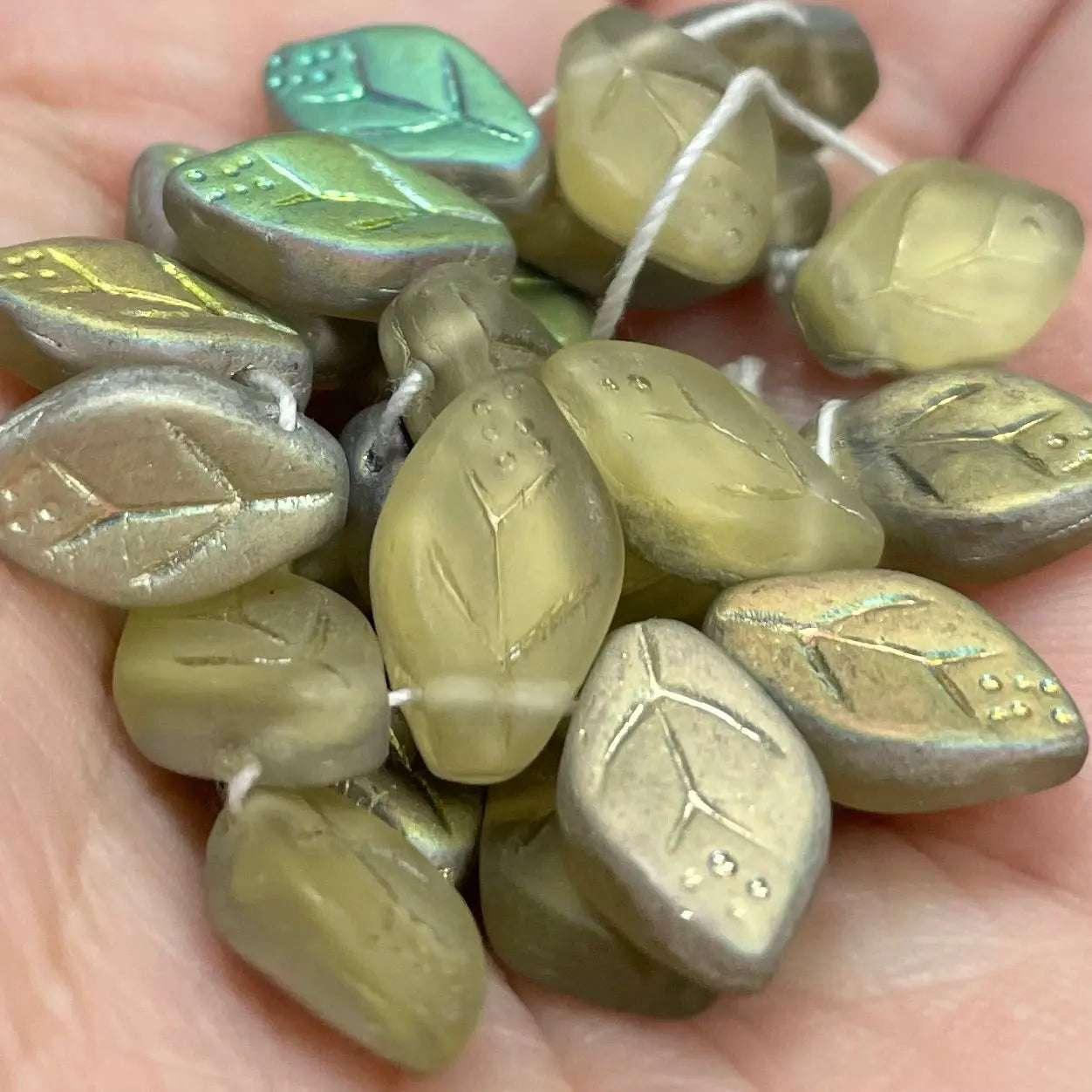 25 Green Olive Czech Vitrail Matte Leaf Glass Beads - Sea Beads