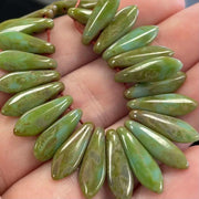 25 Green Picasso Czech 2-Hole Dagger Glass Beads - Sea Beads