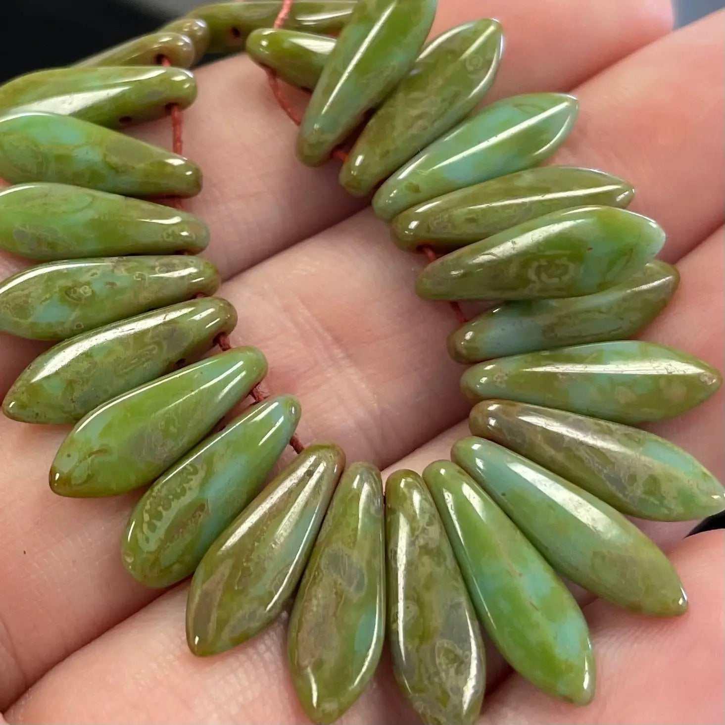 25 Green Picasso Czech 2-Hole Dagger Glass Beads - Sea Beads