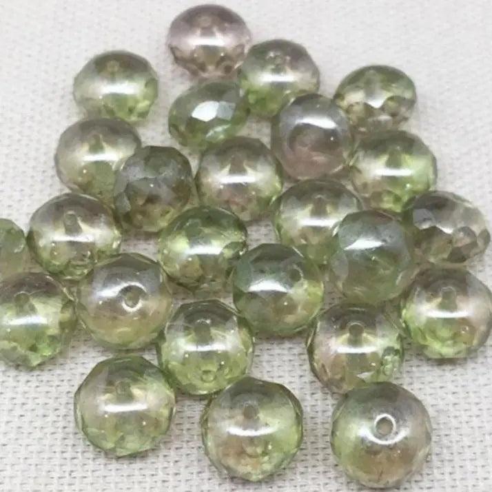 25 Green Pink Czech Rondelle Glass Beads - Sea Beads