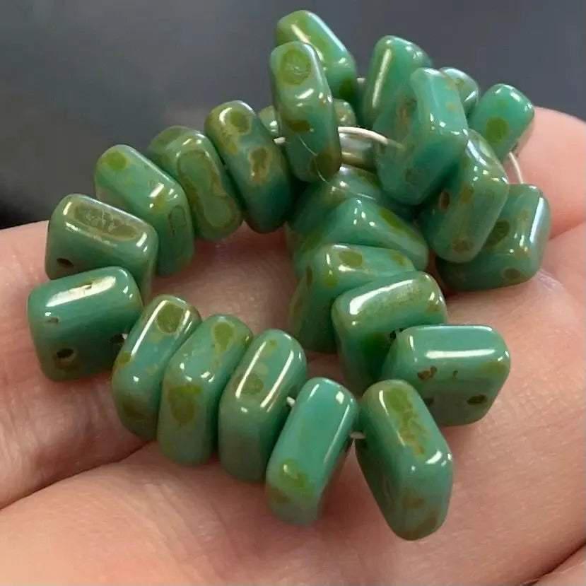 25 Green Two Hole Chexx Czech Picasso Glass Beads - Sea Beads