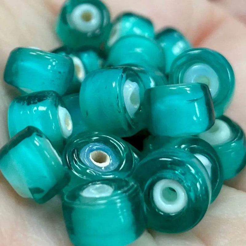 25 Vintage Green Teal Cylindrical Glass Beads - Sea Beads