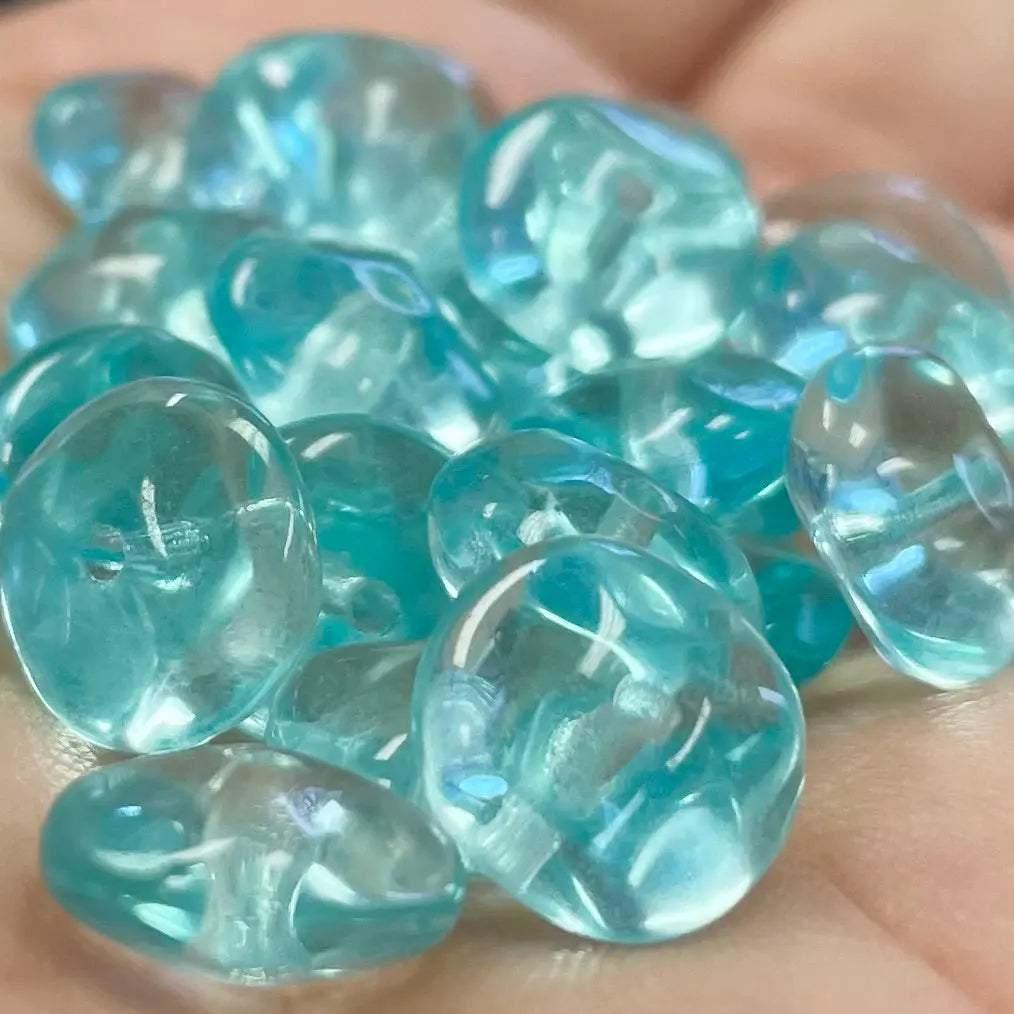 25 Vintage Blue Aqua Wavy Rondelle Glass Beads - Sea Beads