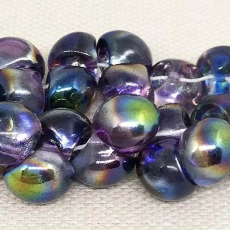 25 Magic Blue Purple Czech Mushroom Button Glass Beads, 9x8mm.