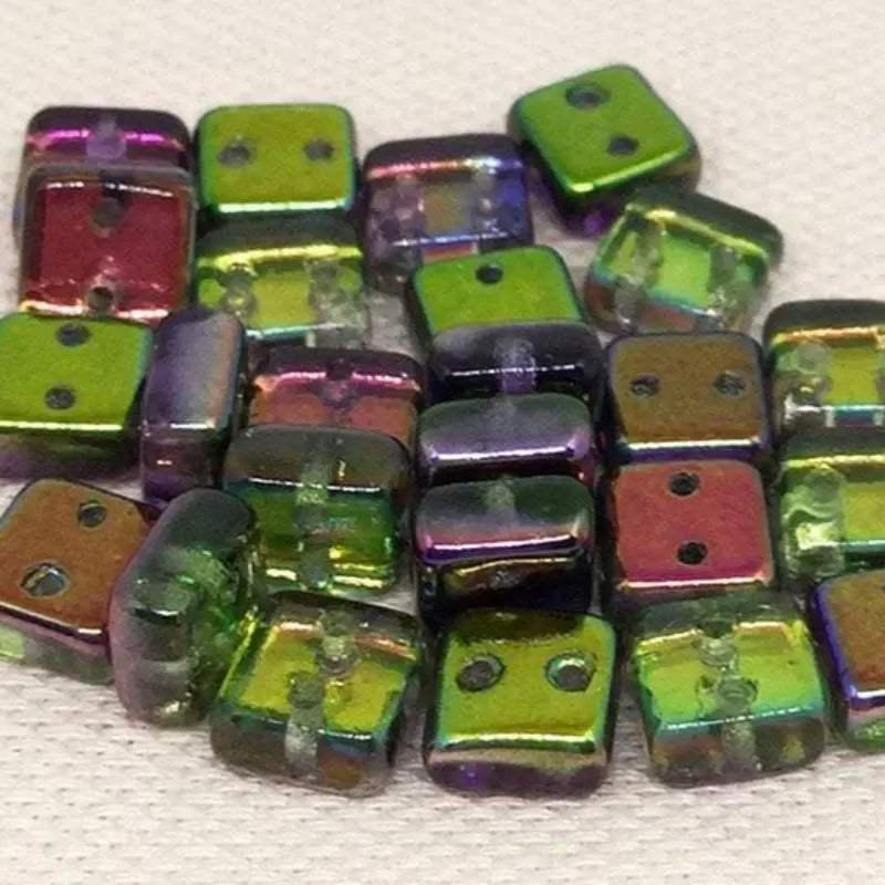 25 Magic Orchid Two Hole Czech Chexx Square Glass Beads - Sea Beads