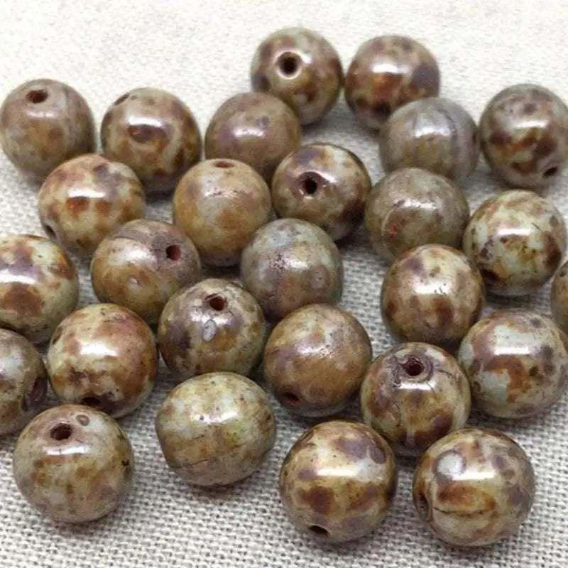 25 Matte Brown Picasso Czech Round Glass Beads - Sea Beads