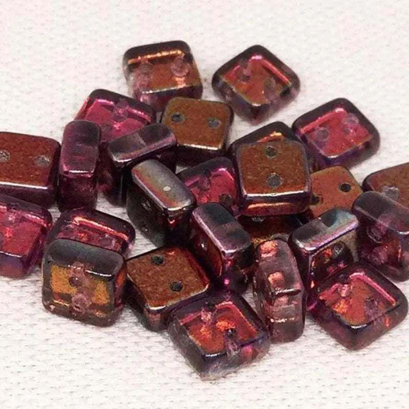 25 Metallic Raspberry Two Hole Czech Chexx Square Glass Beads - Sea Beads