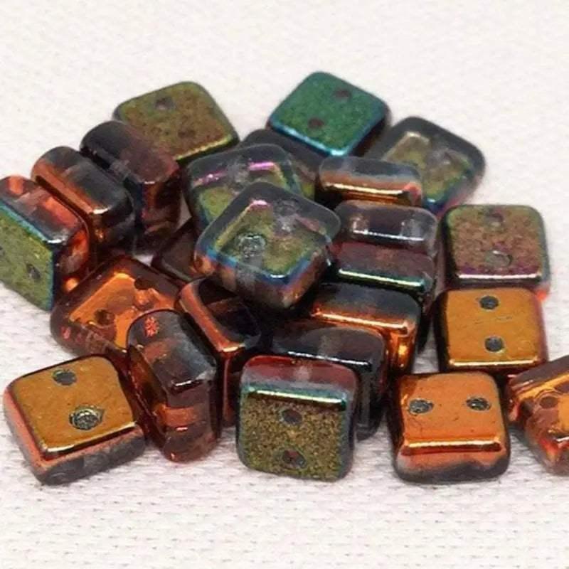 25 Metallic Topaz Two Hole Czech Chexx Square Glass Beads - Sea Beads