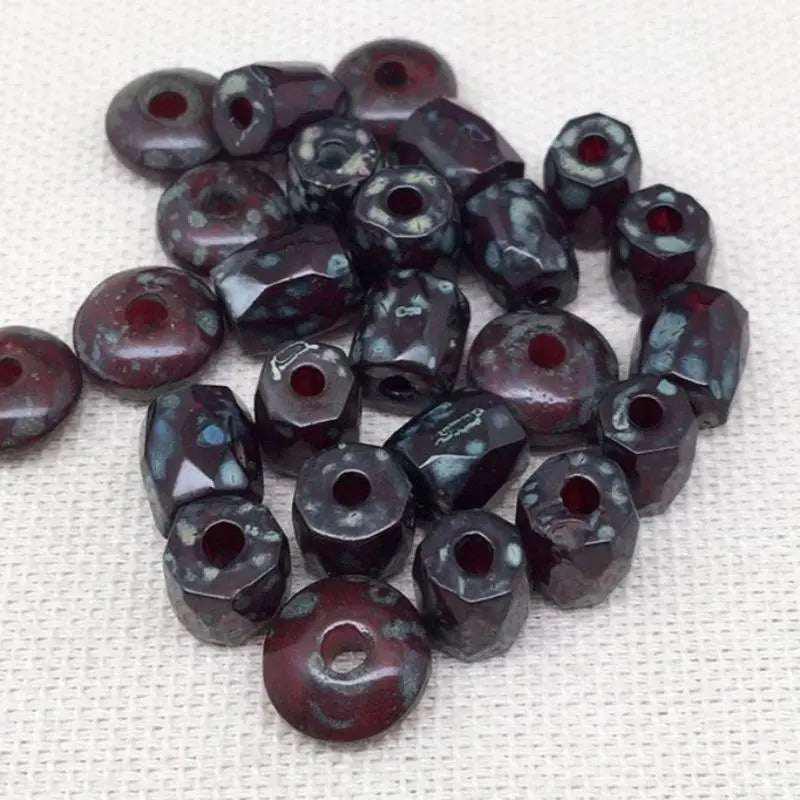 25 Mixed Maroon Red Czech Picasso Glass Beads - Sea Beads