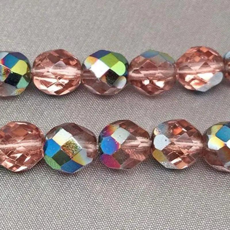 25 Pink Vitrail Czech Fire Polished Glass Beads - Sea Beads