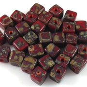 25 Red Picasso Czech Cube Glass Beads - Sea Beads