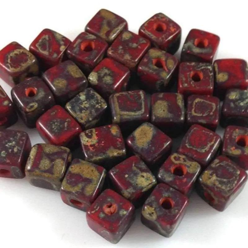 25 Red Picasso Czech Cube Glass Beads - Sea Beads