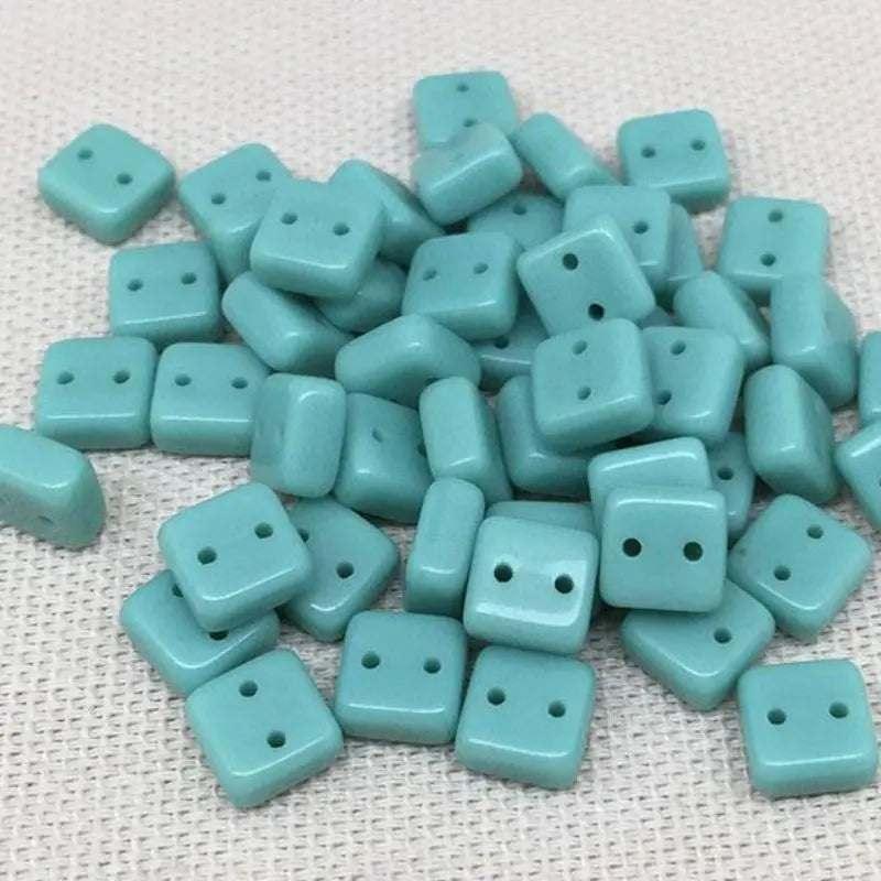 25 Teal Two Hole Chexx Czech Square Glass Beads - Sea Beads
