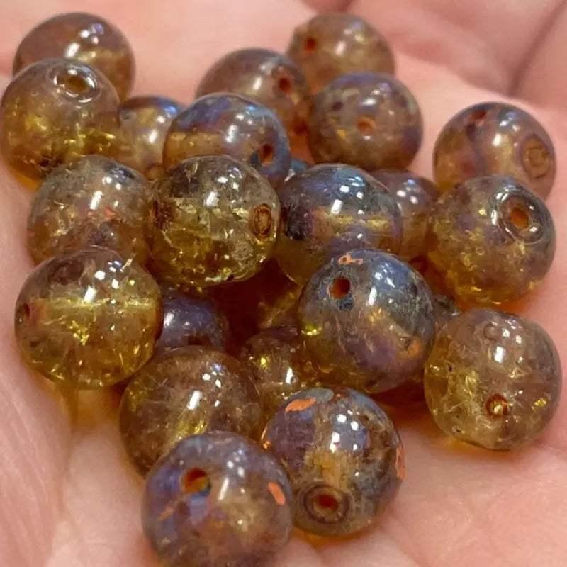 25 Topaz Smokey Czech Picasso Round Glass Beads - Sea Beads
