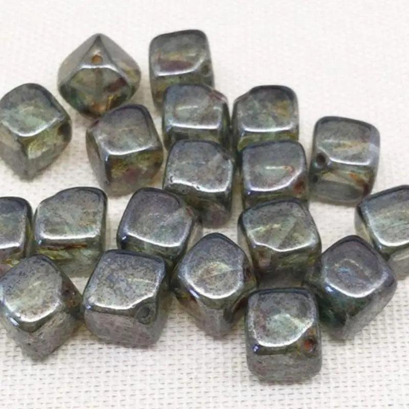 25 Green Czech Picasso Transparent Cube Glass Beads - Sea Beads