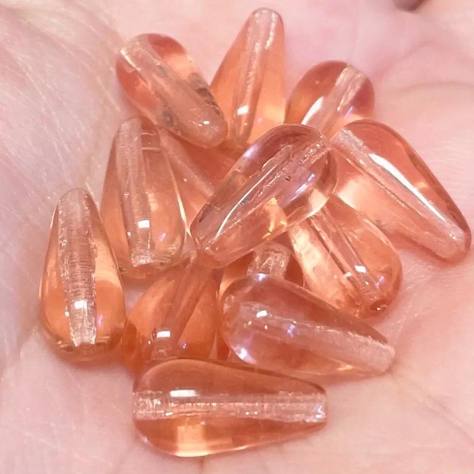 25 Translucent Peach Czech Teardrop Glass Beads - Sea Beads