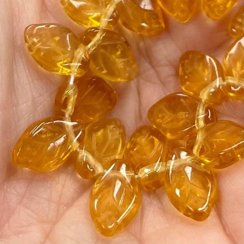 25 Topaz Czech Leaf Glass Beads - Sea Beads