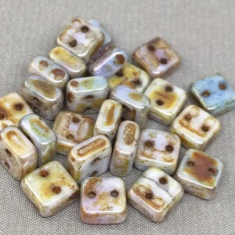 25 Two Hole Chexx Czech Picasso Glass Beads Square 6mm - Sea Beads