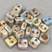 25 Two Hole Chexx Czech Picasso Glass Beads Square 6mm - Sea Beads
