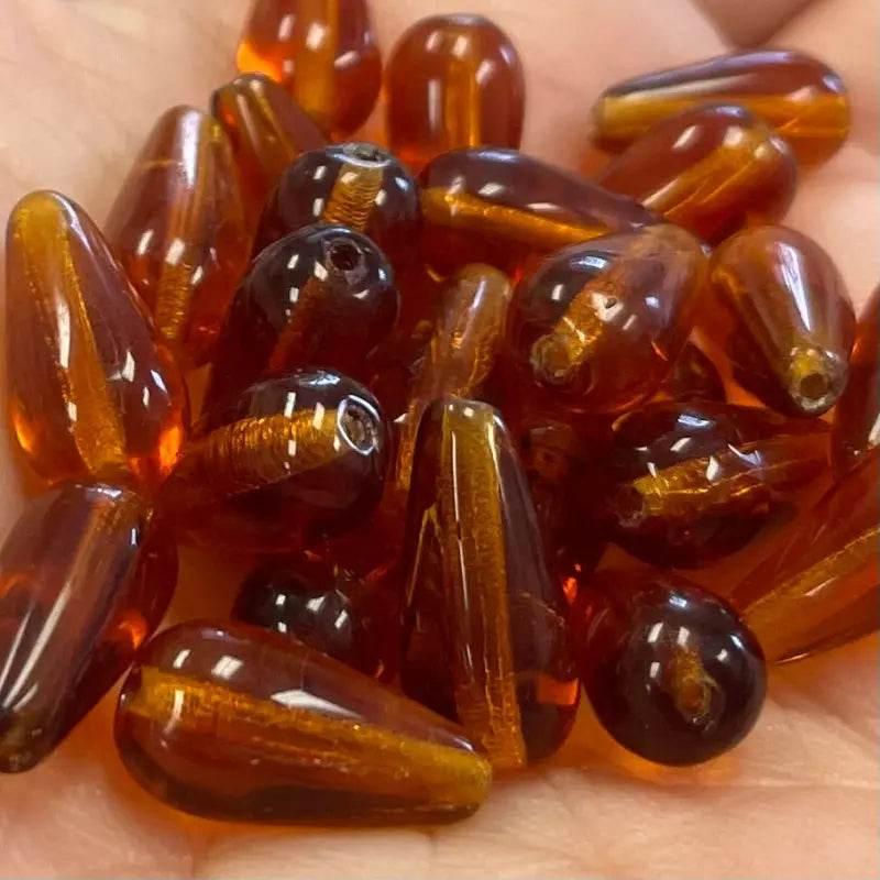 25 Vintage Amber Czech Teardrop Glass Beads - Sea Beads