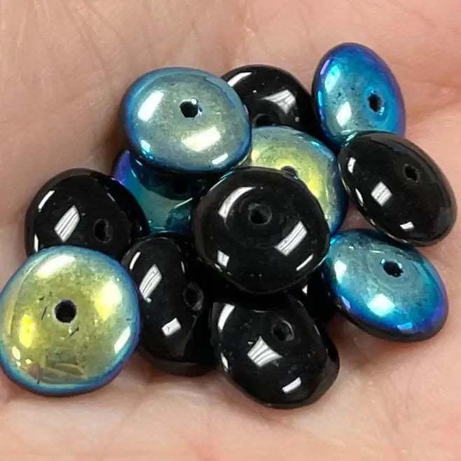 25 Vintage Black AB Czech Rondelle Glass Beads - Sea Beads