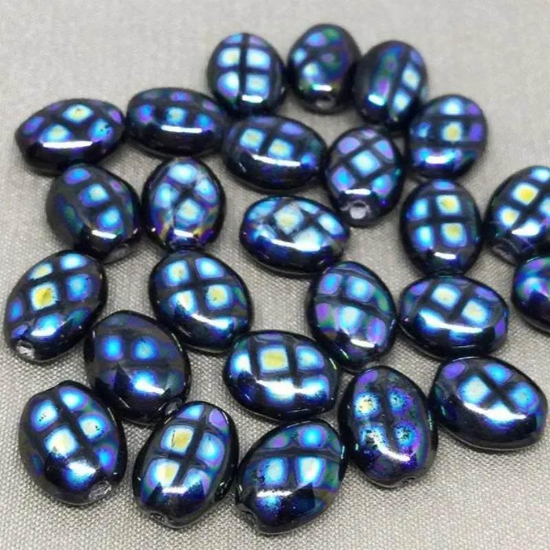 25 Vintage Black Blue Checkered Black Oval Glass Beads - Sea Beads