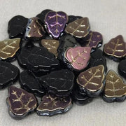 25 Vintage Black Czech Leaf Iris Glass Beads - Sea Beads