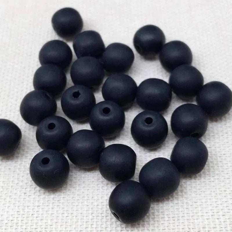 25 Vintage Black Czech Matte Round Glass Beads - Sea Beads