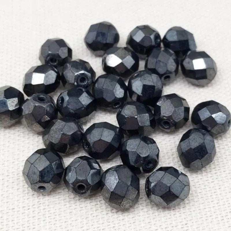25 Vintage Black Gunmetal Czech Faceted Glass Beads - Sea Beads
