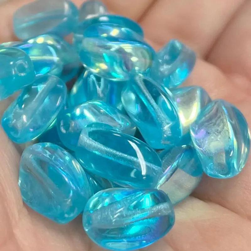25 Vintage Blue Aqua AB Czech Twist Oval Glass Beads - Sea Beads
