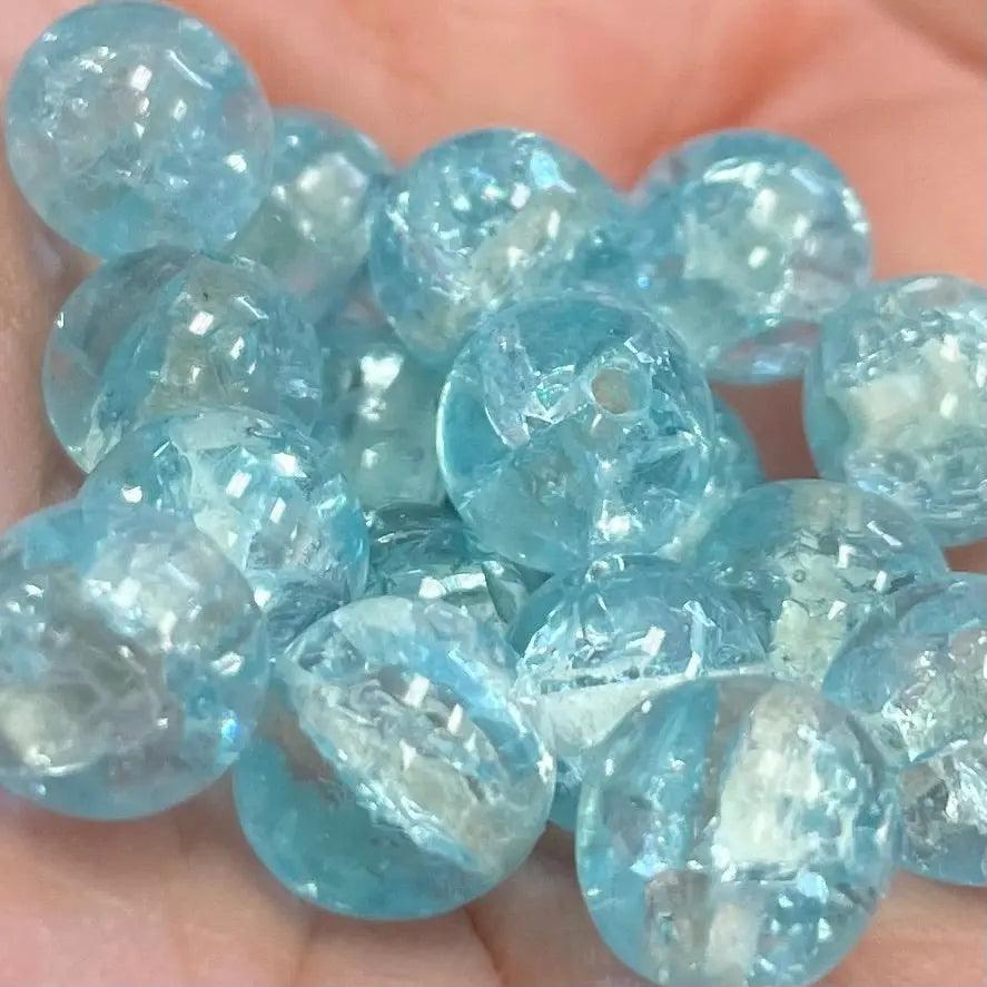 25 Vintage Blue Aqua Light Crackle Round Glass Beads - Sea Beads