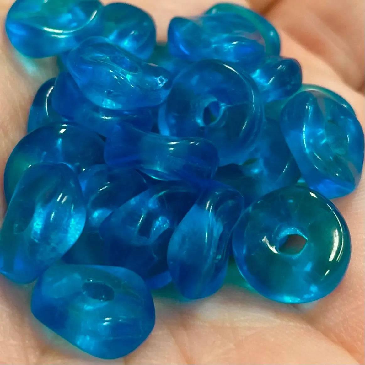 25 Vintage Blue Aqua Dark Czech Wavy Glass Beads - Sea Beads