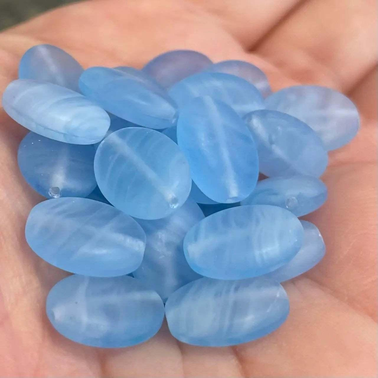 25 Vintage Blue Czech Matte Striped Oval Glass Beads - Sea Beads