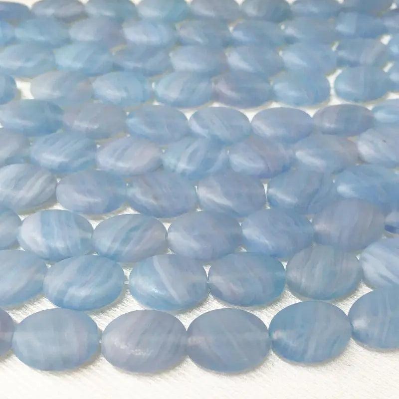 25 Vintage Blue Czech Misty Frosted Striped Oval Glass Beads - Sea Beads