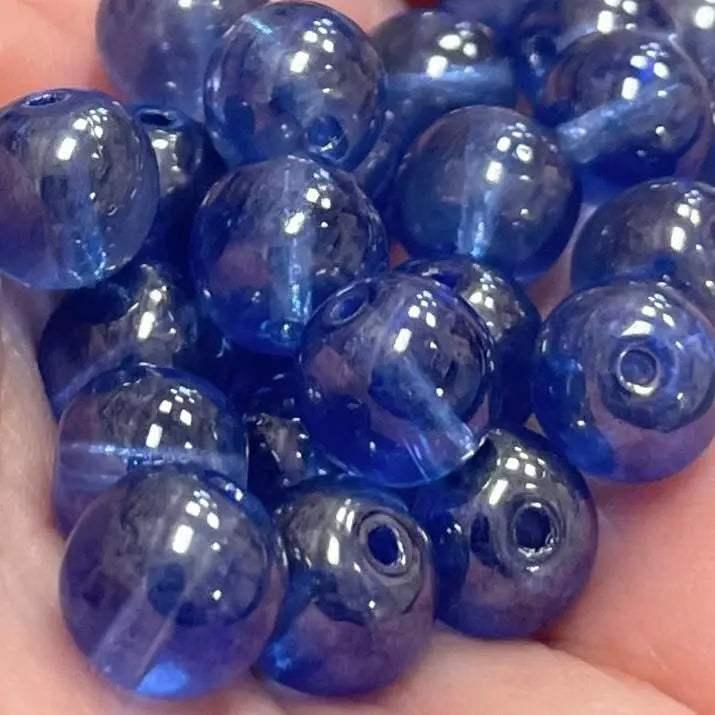 25 Vintage Blue Czech Round Luster Glass Beads - Sea Beads