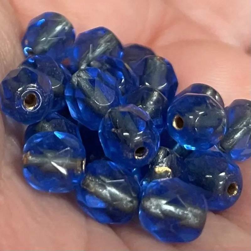 25 Vintage Blue Lined Gold Czech Glass Beads - Sea Beads