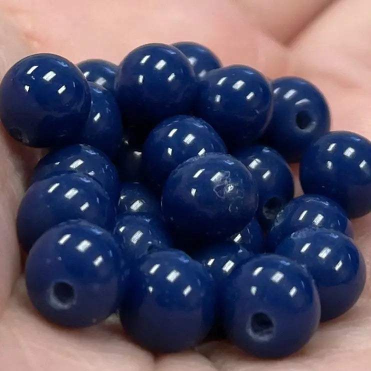 25 vintage 6mm blue navy Japan round glass beads.