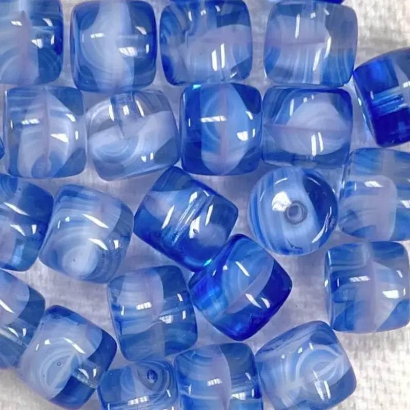 25 Vintage Blue Sapphire White Czech Glass Beads - Sea Beads