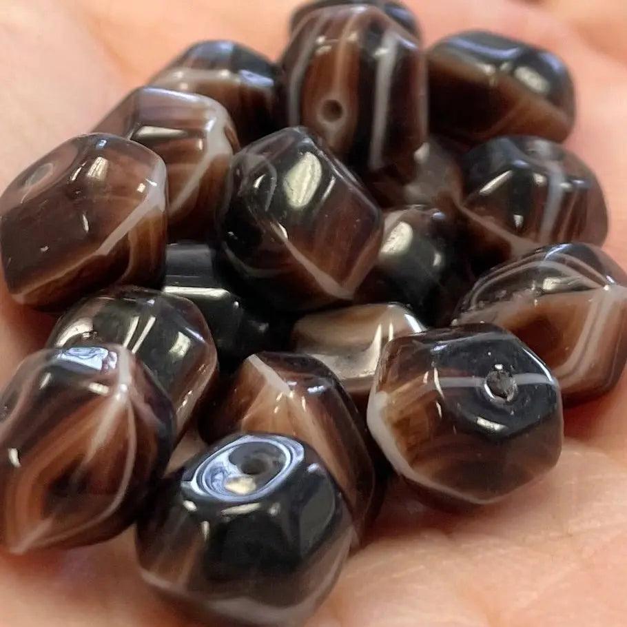 25 Vintage Brown White Striped Glass Beads - Sea Beads