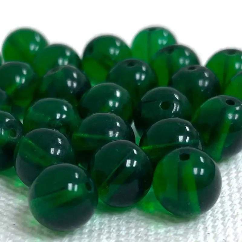 25 Vintage Green Dark Czech Round Glass Beads - Sea Beads