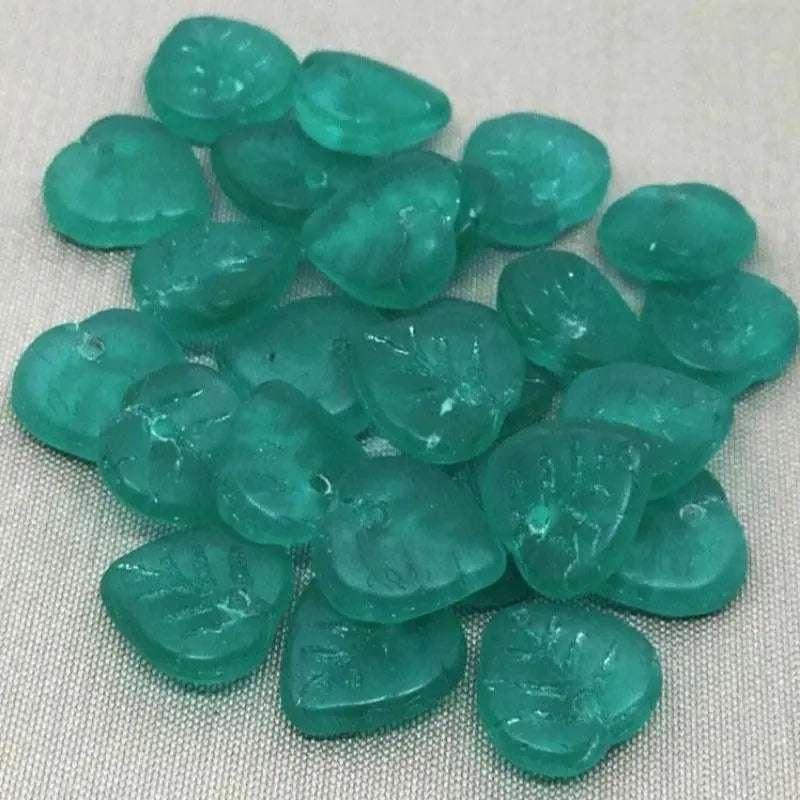 25 Vintage Green Emerald Czech Matte Leaf Glass Beads - Sea Beads