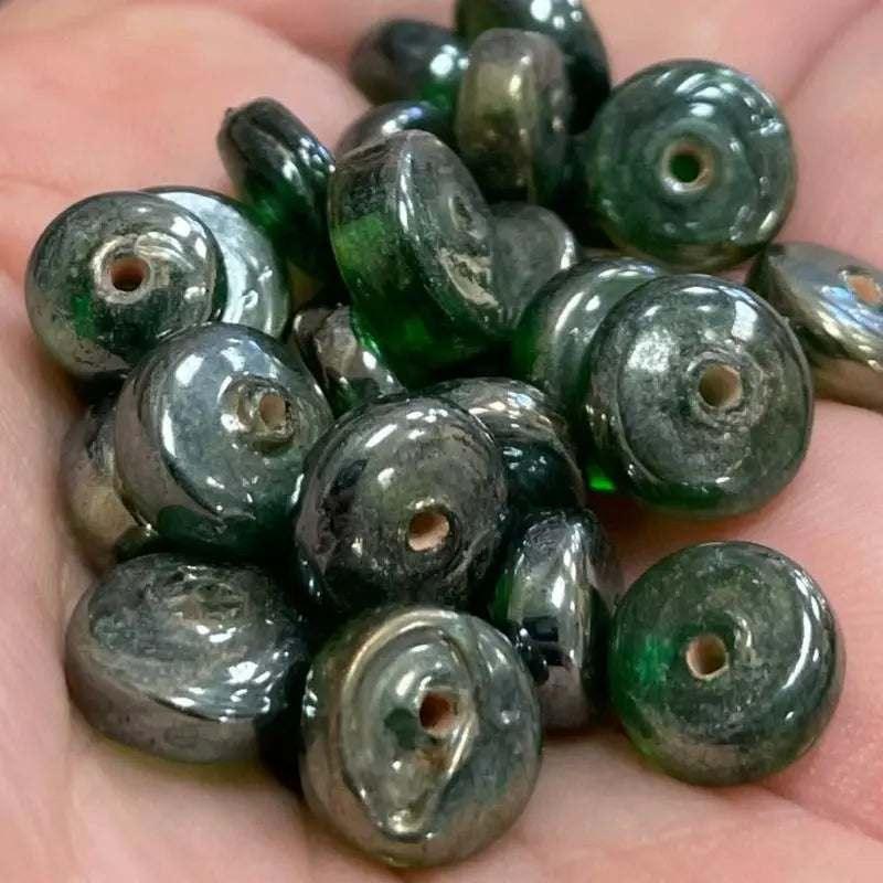 25 Vintage Green Luster Rondelle Glass Beads - Sea Beads