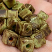 25 Vintage Green Picasso Czech Tile Cube Glass Beads - Sea Beads