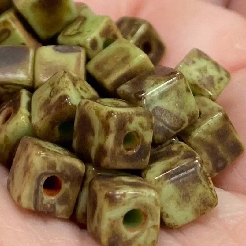 25 Vintage Green Picasso Czech Tile Cube Glass Beads - Sea Beads